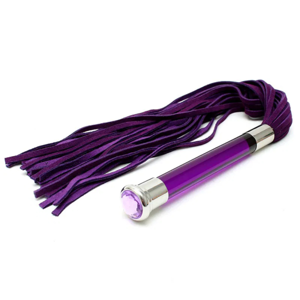 Suède flogger met glazen handvat en paars kristal - ExtremeToys.nl